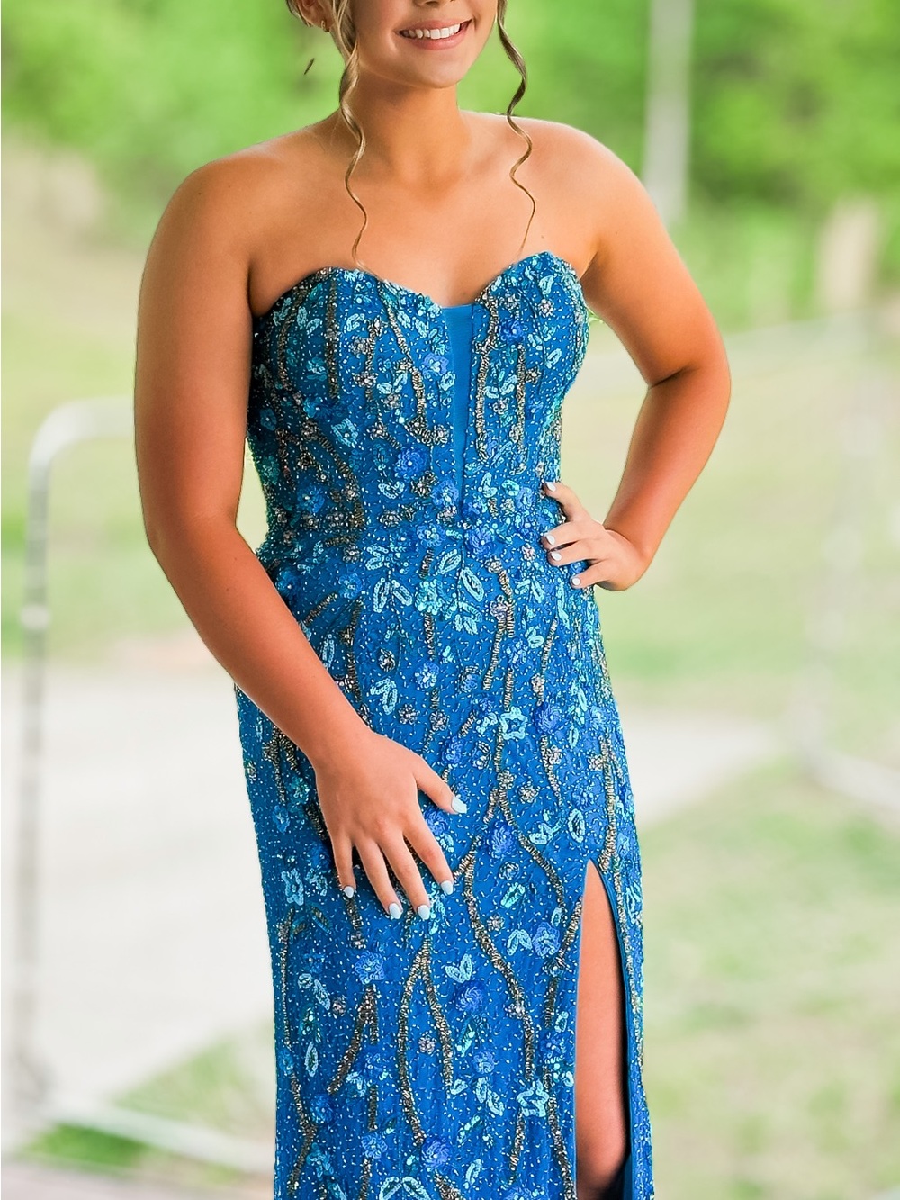 Primavera Couture Strapless Beaded Gown in Blue and Gold